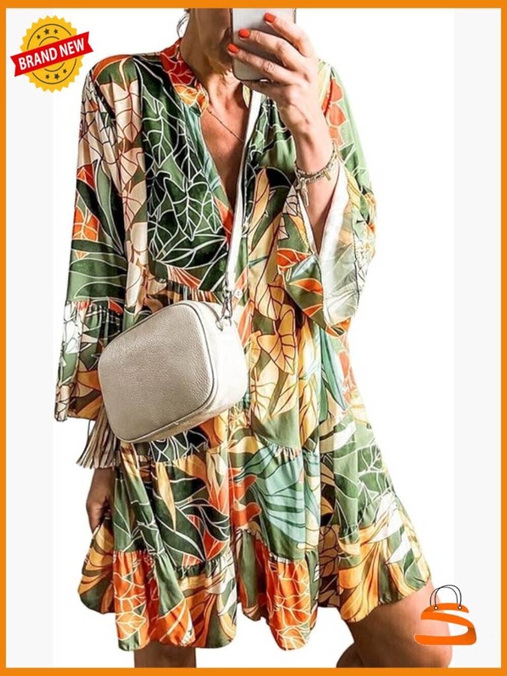 Casual V Neck Buttoned 3/4 Sleeve Boho Tribal Print Flowy Mini Dress